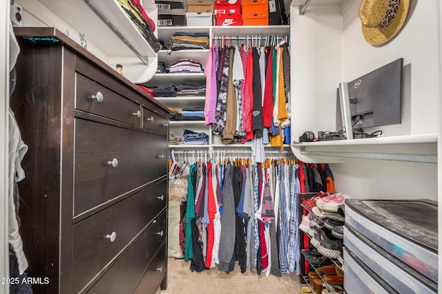 walk in closet featuring light colored carpet