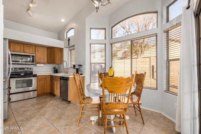 kitchen with appliances with stainless steel finishes, a towering ceiling, light tile patterned floors, and sink