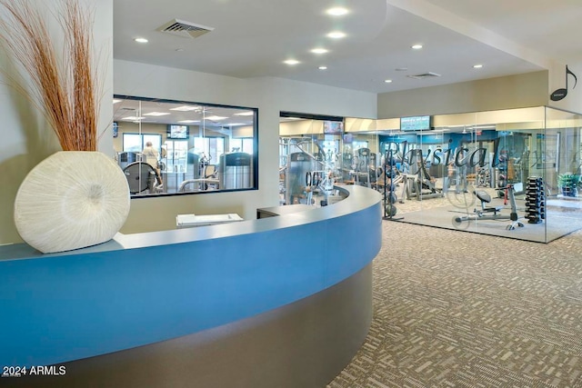 workout area featuring carpet flooring