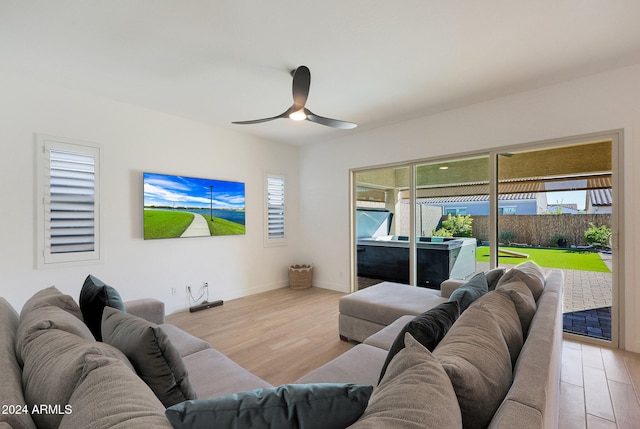 living room with a wealth of natural light, ceiling fan, and light hardwood / wood-style flooring