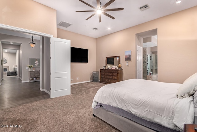 bedroom featuring ceiling fan and dark hardwood / wood-style floors