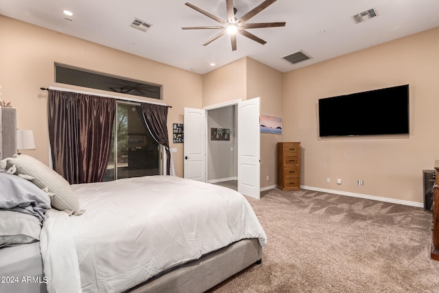 bedroom featuring carpet, access to outside, and ceiling fan