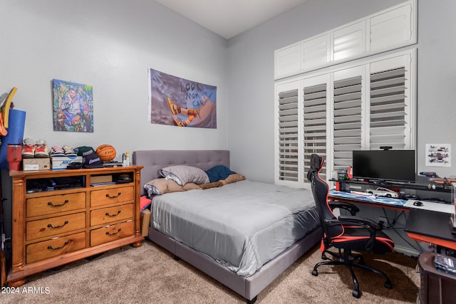 bedroom with light colored carpet