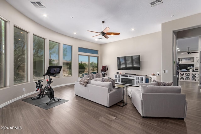 living room featuring dark hardwood / wood-style floors and a textured ceiling