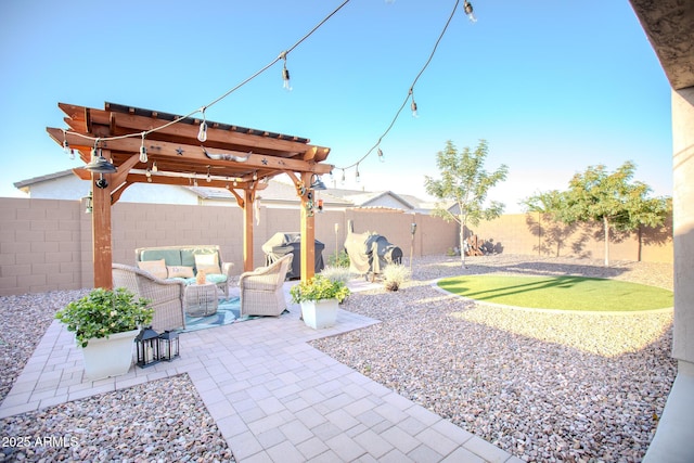 view of yard featuring an outdoor living space, a fenced backyard, a patio area, and a pergola