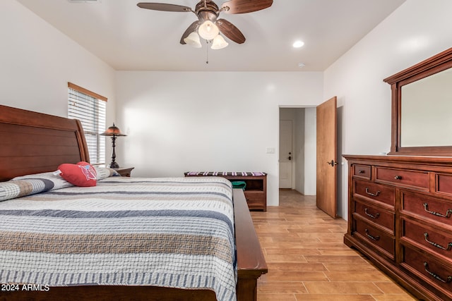 bedroom featuring ceiling fan and light wood-type flooring