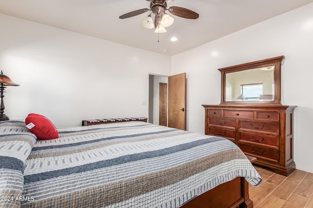 bedroom featuring ceiling fan and light wood-type flooring