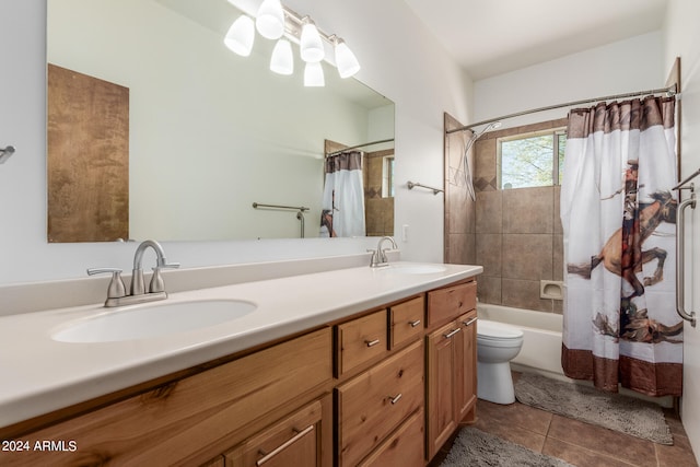 full bathroom featuring toilet, tile floors, shower / bathtub combination with curtain, and dual vanity