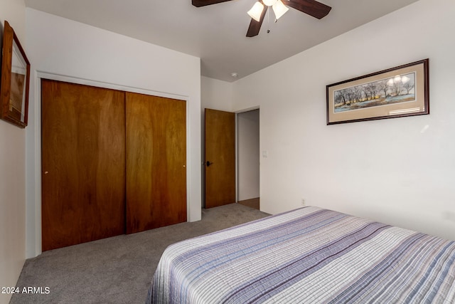 bedroom featuring a closet, ceiling fan, and carpet floors