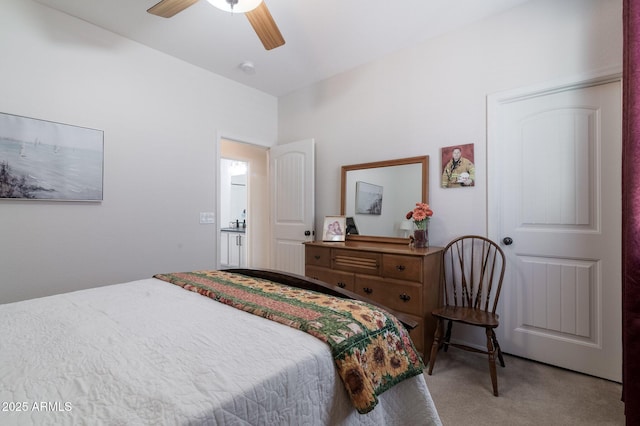 bedroom with ceiling fan and carpet