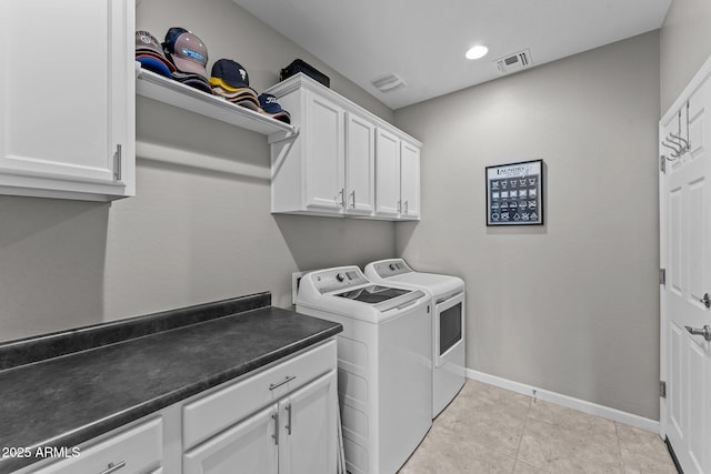 4246 Stage Stop Way, Wickenburg, AZ 85390 - laundry room featuring washing machine and dryer, cabinet space, baseboards, and light tile patterned flooring