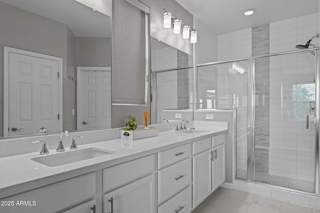 4246 Stage Stop Way, Wickenburg, AZ 85390 - full bath featuring double vanity, a stall shower, marble look tiles, and recessed lighting