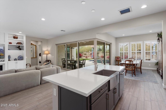 kitchen featuring built in shelves, sink, light hardwood / wood-style floors, and an island with sink