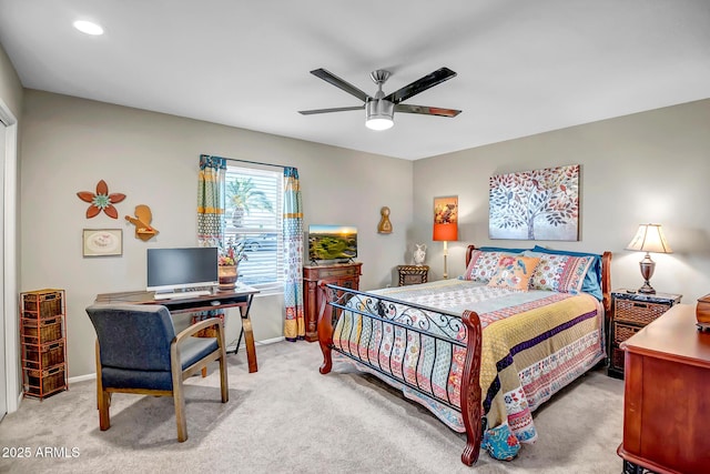 carpeted bedroom with baseboards, a ceiling fan, and recessed lighting