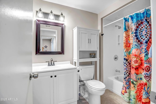 bathroom featuring visible vents, shower / bath combination with curtain, toilet, vanity, and tile patterned floors