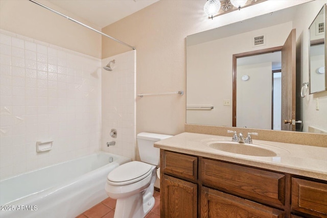 full bathroom featuring visible vents, tile patterned flooring, shower / tub combination, vanity, and toilet
