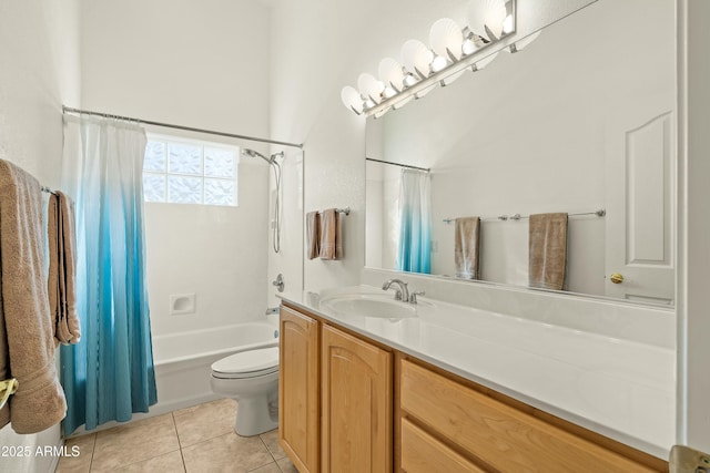 full bathroom featuring tile patterned floors, toilet, shower / tub combo, and vanity