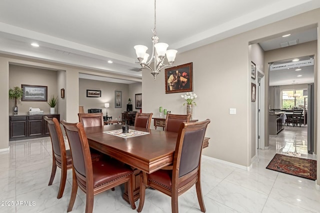dining room with visible vents, baseboards, recessed lighting, an inviting chandelier, and marble finish floor