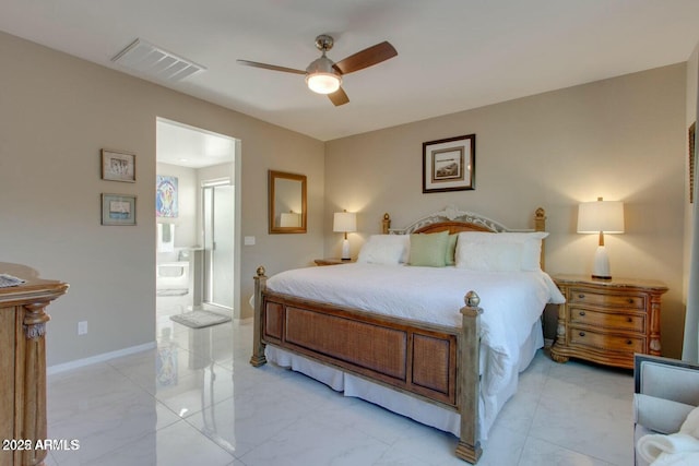 bedroom with visible vents, baseboards, marble finish floor, ensuite bath, and a ceiling fan