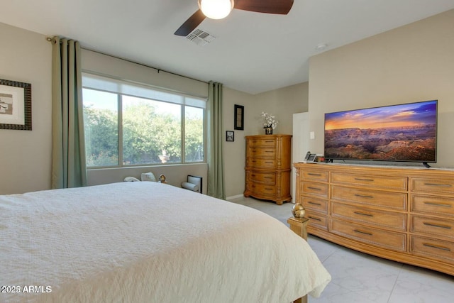 bedroom featuring visible vents, marble finish floor, and ceiling fan