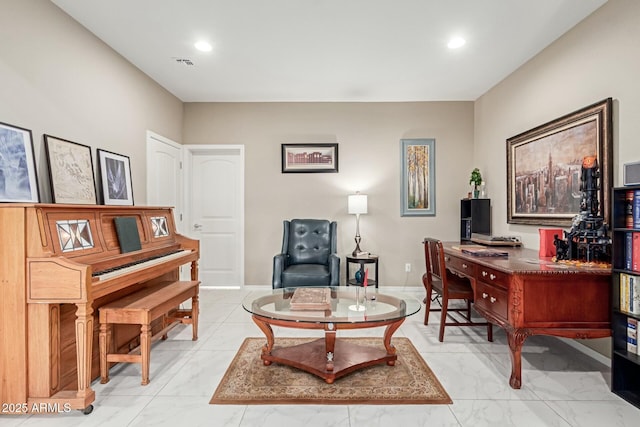 office area with recessed lighting, visible vents, marble finish floor, and baseboards