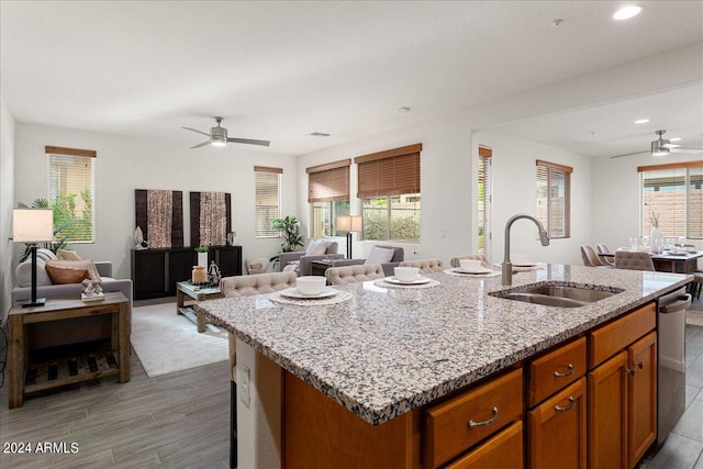 kitchen with hardwood / wood-style flooring, a kitchen island with sink, plenty of natural light, and sink