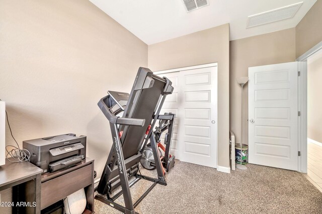 workout room featuring light carpet