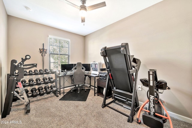 workout room with carpet floors and ceiling fan