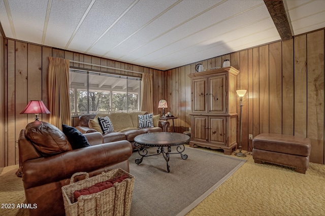 living room featuring carpet floors, a textured ceiling, and wooden walls