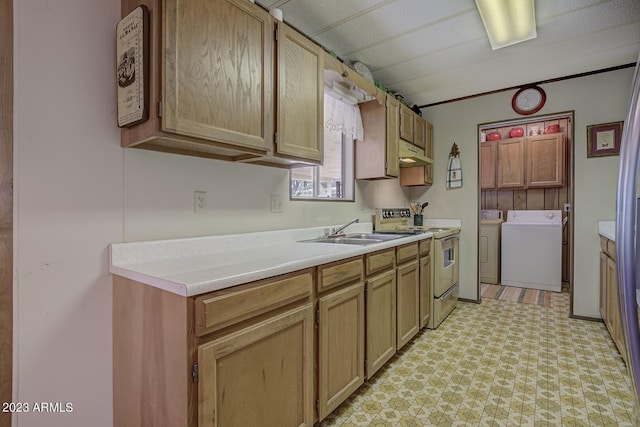 kitchen with sink, independent washer and dryer, and electric stove