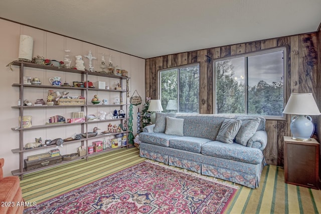 carpeted living room with wooden walls