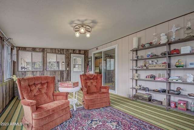 living area featuring a textured ceiling