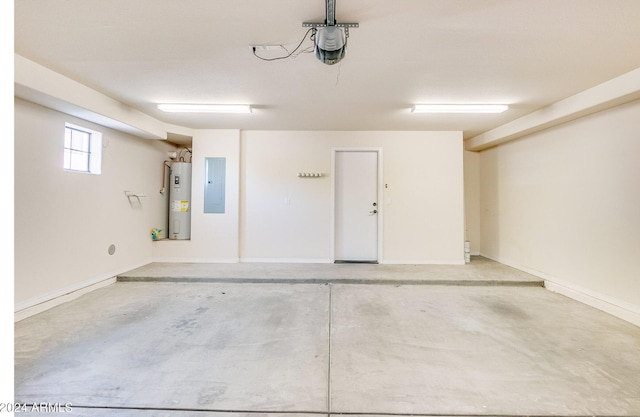 garage with electric panel, a garage door opener, and water heater