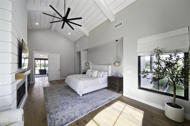 bedroom featuring high vaulted ceiling, dark hardwood / wood-style floors, and beam ceiling