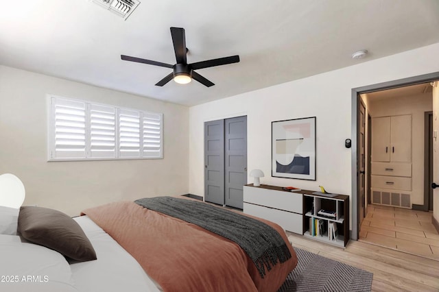 6805 N 12th St, Phoenix, AZ 85014 - bedroom with light wood-type flooring, a closet, ceiling fan, and visible vents