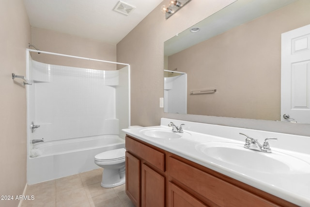 full bathroom featuring shower / tub combination, tile patterned floors, vanity, and toilet