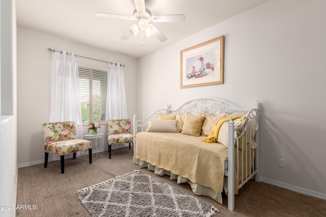 bedroom featuring ceiling fan, carpet floors, and baseboards