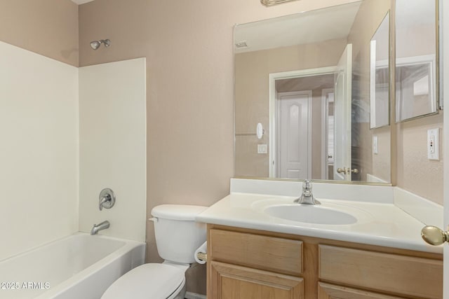 bathroom featuring visible vents, shower / bathtub combination, toilet, and vanity