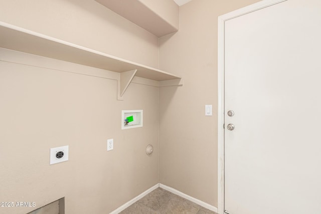 clothes washing area featuring baseboards, hookup for an electric dryer, washer hookup, and laundry area