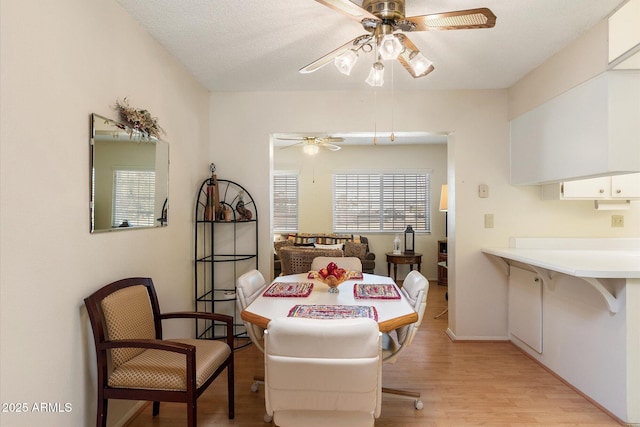 dining area featuring ceiling fan and light wood-type flooring