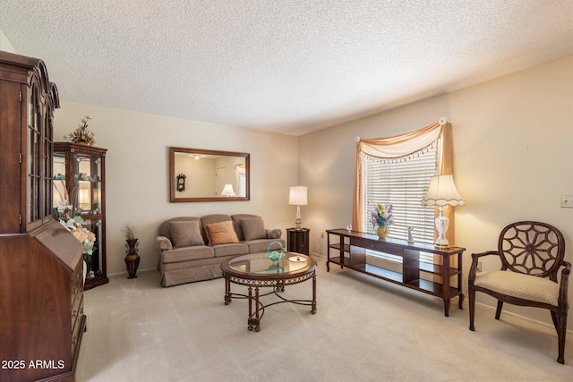 carpeted living area featuring a textured ceiling and baseboards