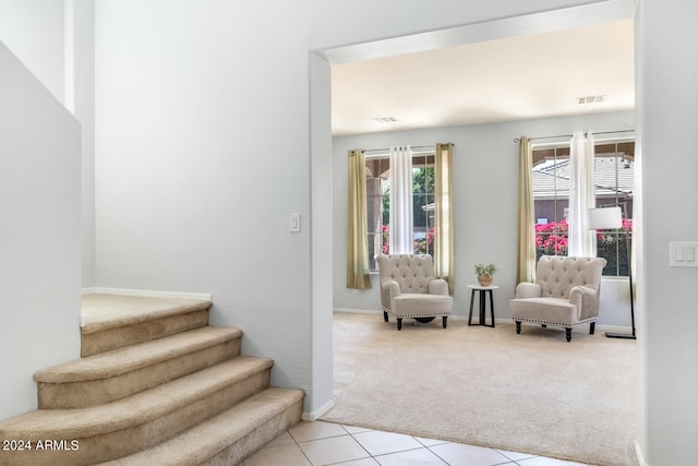 interior space featuring light colored carpet