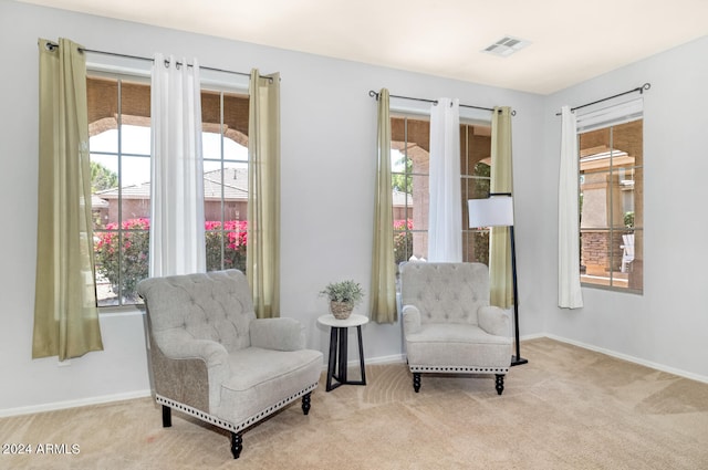 living area featuring light colored carpet