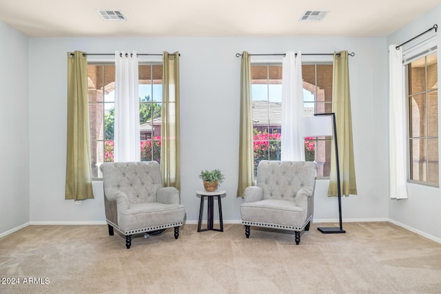 living area featuring a healthy amount of sunlight and light carpet