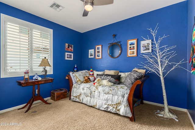 19104 N Smith Dr, Maricopa, AZ 85139 - bedroom with visible vents, baseboards, a ceiling fan, and carpet floors