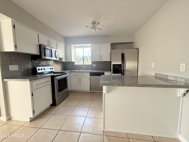 kitchen with white cabinets, sink, tasteful backsplash, kitchen peninsula, and stainless steel appliances