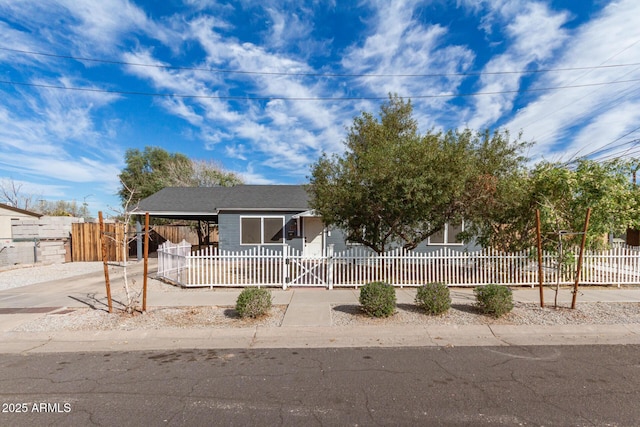 view of front of property with a fenced front yard, an attached carport, and concrete driveway