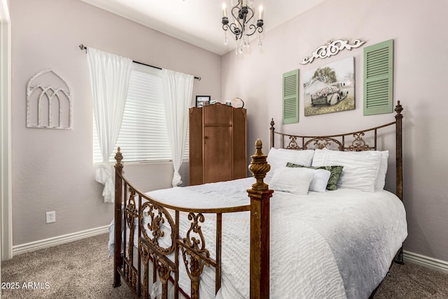 bedroom featuring carpet floors, baseboards, and a chandelier