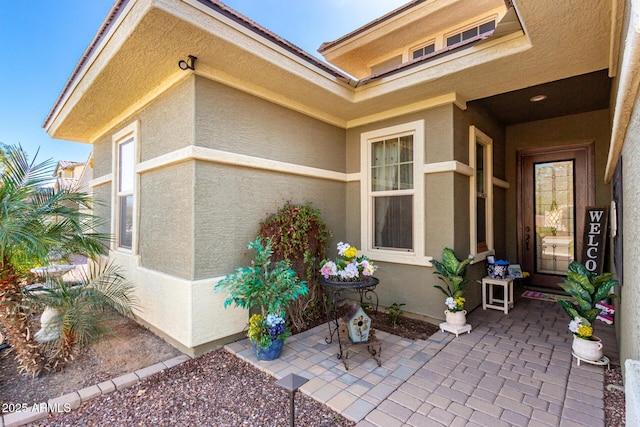 entrance to property featuring a patio and stucco siding