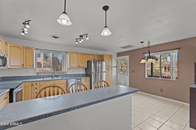 kitchen featuring decorative light fixtures, stainless steel appliances, plenty of natural light, and sink